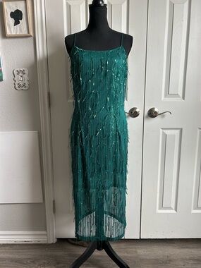 BeryLove green sequin fringe sheer lined spaghetti strap midi dress